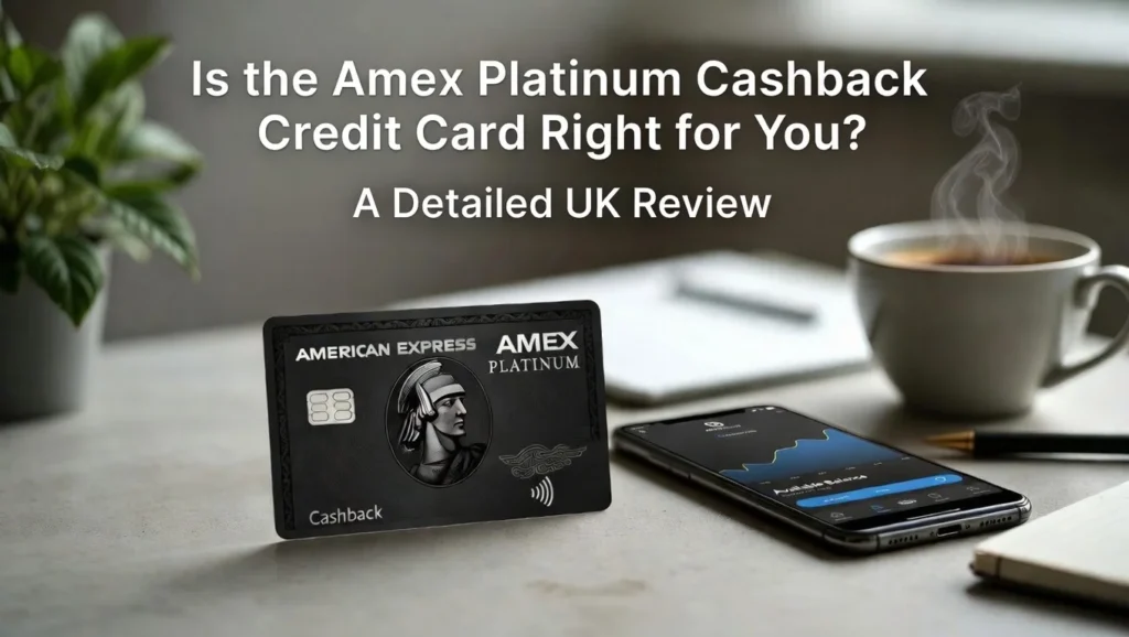 Amex Platinum Cashback Credit Card UK review flat lay with phone and coffee.