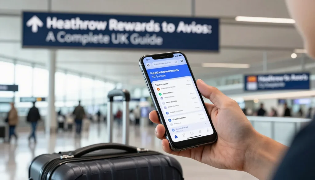 UK traveller checking Heathrow Rewards points on smartphone at airport terminal