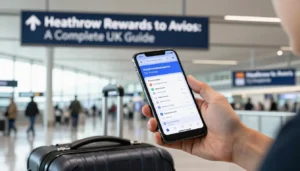 UK traveller checking Heathrow Rewards points on smartphone at airport terminal