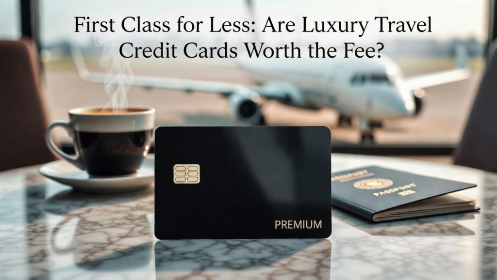 A premium black credit card rests on a marble table in an airport lounge, with a coffee cup and a passport nearby, overlooking a jet on the tarmac.