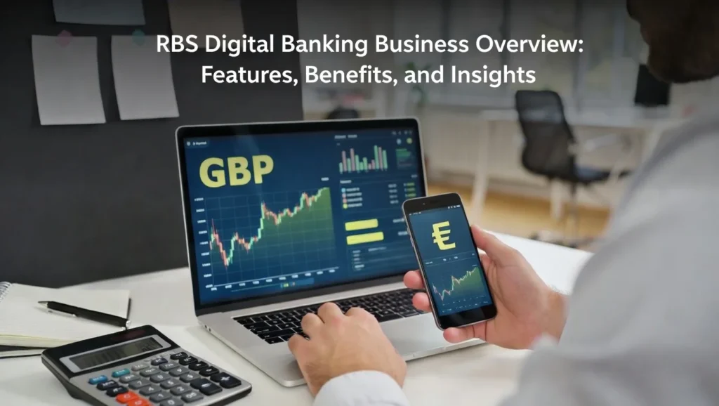 UK business owner managing RBS digital banking on laptop and smartphone with GBP currency and financial charts visible.