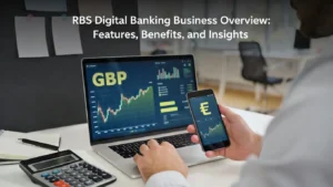 UK business owner managing RBS digital banking on laptop and smartphone with GBP currency and financial charts visible.