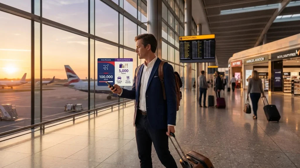 Traveller comparing Avios vs Heathrow Rewards on smartphone at Heathrow Airport UK