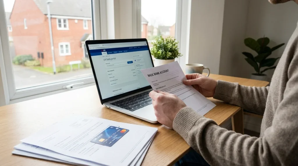 person managing bank accounts for bankrupts in the UK using laptop and debit card
