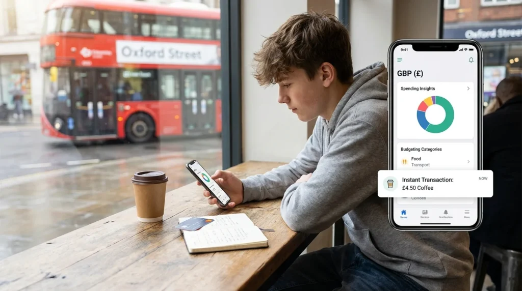 Teenager using mobile banking app with debit card UK 2026