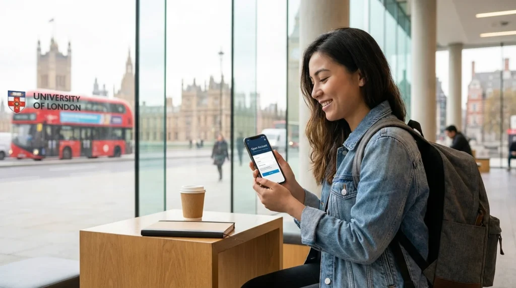 International student using mobile banking app in the UK without credit history